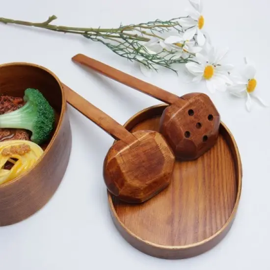 Unique Bargains Home Wooden Soup Spoon Strainer ladle Spoon Kitchen Cookware Tool Set of 2 image {3}