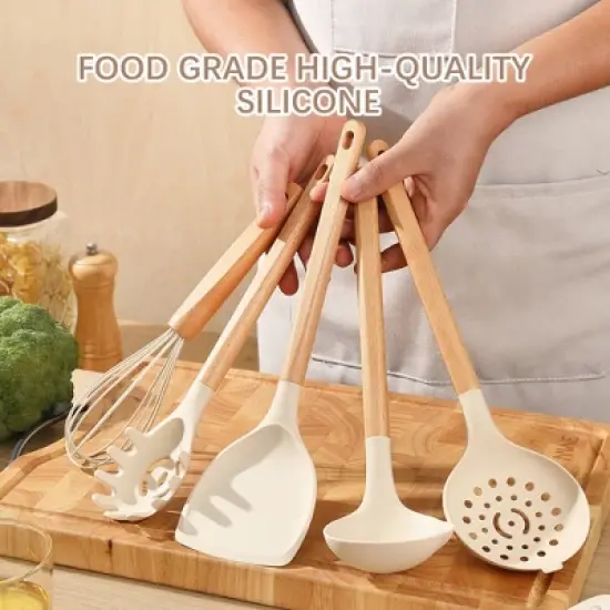 SKONYON 22-Piece Silicone Kitchen Utensil Set with Wooden Handles, Holder, Measuring Cups & Spoons, Nonstick-Safe image {5}