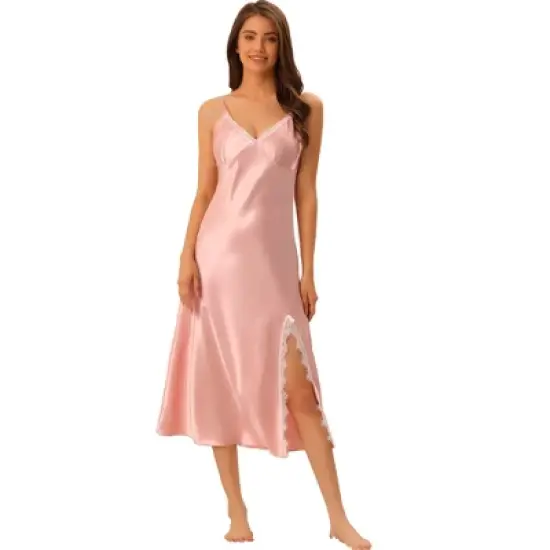 cheibear Womens Satin Nightgowns Lingerie Strap Chemise Split Hem Silky Lounge Dress image {7}