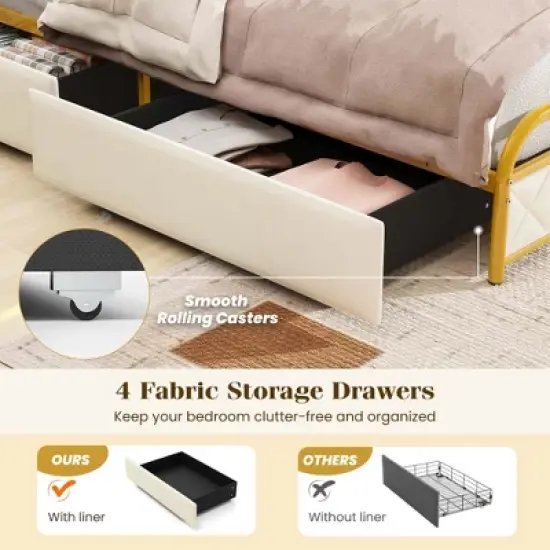 Costway Twin/Full/Queen Size Bed Frame with LED Lights & Charging Station Storage Headboard & Drawers Golden image {8}