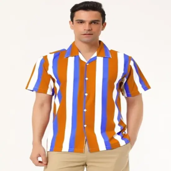 Lars Amadeus Men's Summer Stripe Printed Regular Fit Short Sleeves Button Closure Color Block Shirts image {1}