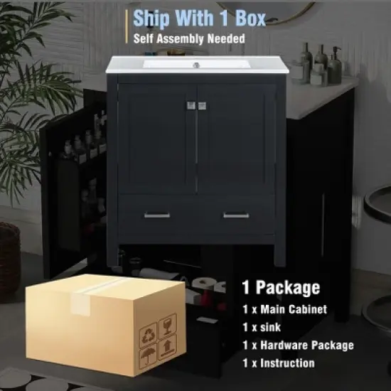 30 Inch Solid Wood Frame Bathroom Vanity with Single Sink, 2 Doors and a Drawer image {3}