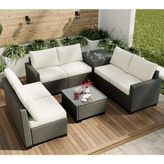 Garvee 8-Piece Outdoor Patio Furniture Set - 6 Seat Rattan Patio Conversation Sets with Glass Coffee Table and Hidden Storage Box image {4}