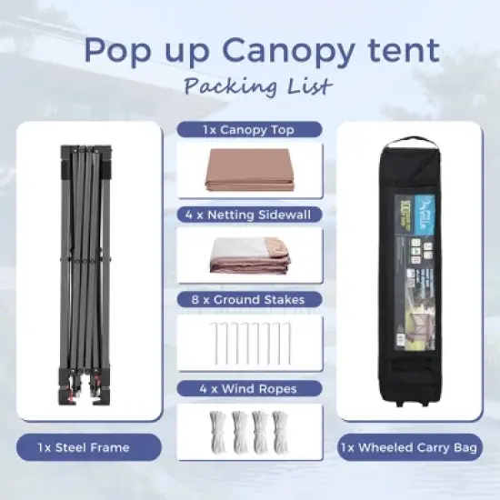 Captiva Designs 10x10 ft Pop-Up Canopy Tent with UV Protection, Mesh Sidewalls, and Easy Setup Roller Bag, Beige image {14}