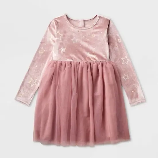 Girls' Adaptive Long Sleeve Star Velour to Tulle Dress - Cat & Jack&trade; Dusty Pink image {4}