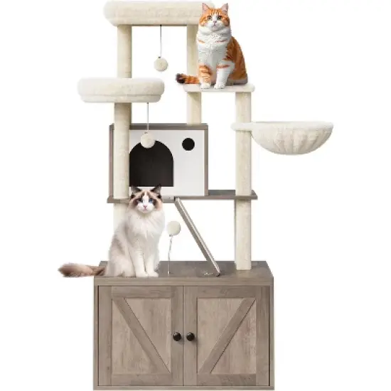 Litter Box Enclosure with Cat Tree Tower and Condo, Hidden Cat Washroom Furniture with Sisal Scratching Post & Soft Plush Perch image {7}