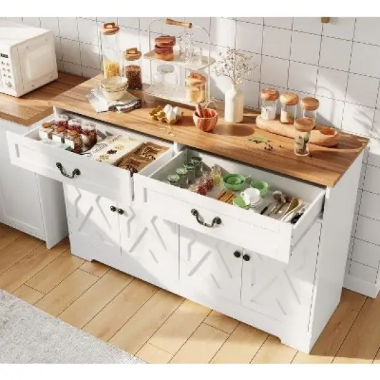 57" White Modern Farmhouse Sideboard Buffet - 2 Drawers & Adjustable Shelves, Large Kitchen Storage, Dining Room Coffee Bar Organizer image {2}