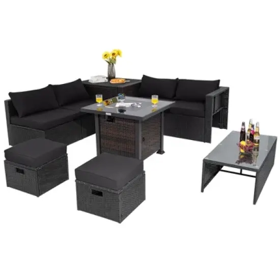 Tangkula 9PCS Furniture Set w/ 32" Fire Pit Table 50,000 BTU Square Propane Fire Pit Patio Black image {7}