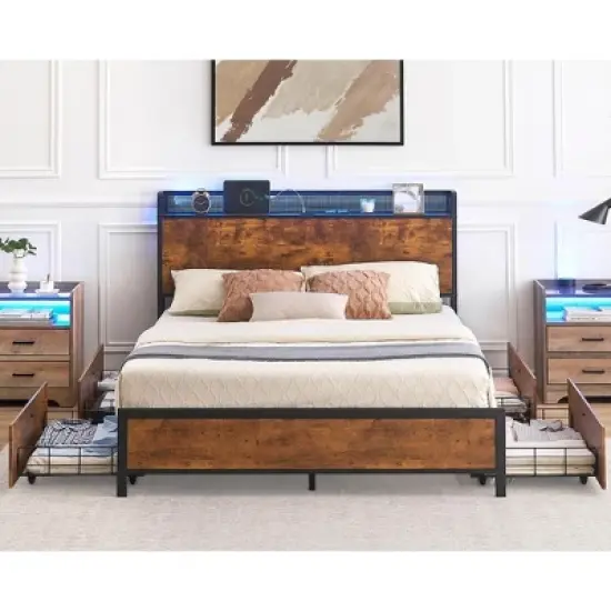 Full Queen Bed Frame with Storage Drawers and Charging Station, LED Light Bed with Storage Headboard, Platform Bed with Strong Wood Slats Support image {2}