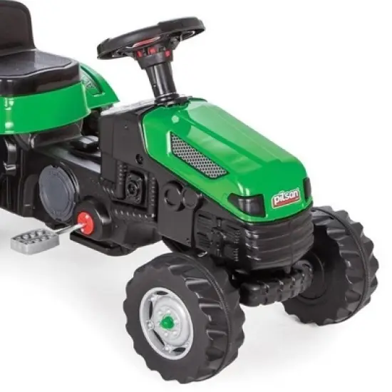 Pilsan Children's Pedal Operated Ride On Tractor with Trailer, Steering Wheel, Air Horn, and Adjustable Backrest, For Kids 3 Years and Up, Green image {1}
