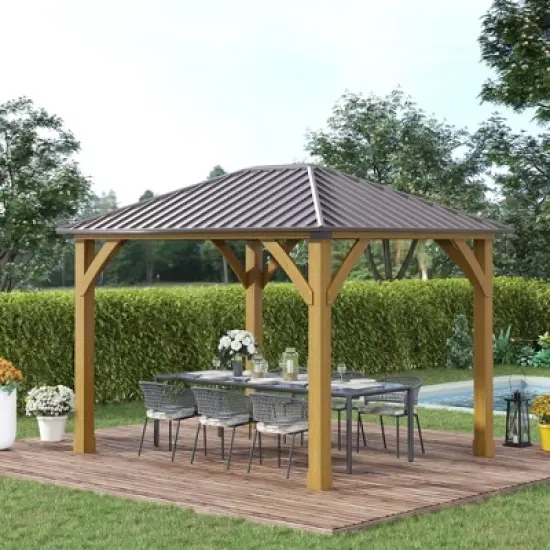 Outsunny 10x12 Galvanized Steel Gazebo with Wooden Frame, Permanent Metal Roof Gazebo Canopy for Garden, Patio, Backyard image {1}