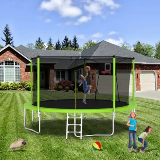 DSVIMOY 14FT Trampoline with Safety Enclosure Net, Trampoline with Basketball Hoop, Green, 168"*168"*108" image {1}