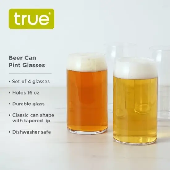 True Beer Can Pint Glass, Clear Glass Beer Cup, Set of 4, Holds 16 Ounces, Dishwasher Safe, Beer Can Shape, Tapered Lip, Craft Beer Glass image {1}