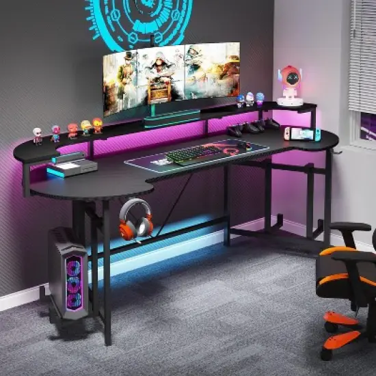 Tribesigns 75" Gaming Desk with LED Light, Large Computer Desk with Monitor Shelf image {1}