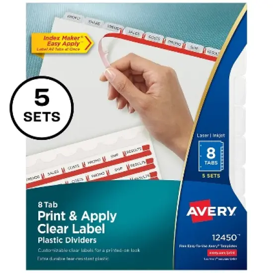 Avery Index Maker Print & Apply Clear Label Plastic Dividers 8-Tab Letter 5 Sets 12450 image {1}