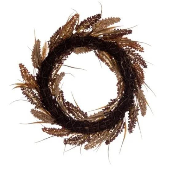 Vickerman Artificial 20" Brown Ivory Corn Wreath. Features brown grass and a circular grapevine base. image {4}