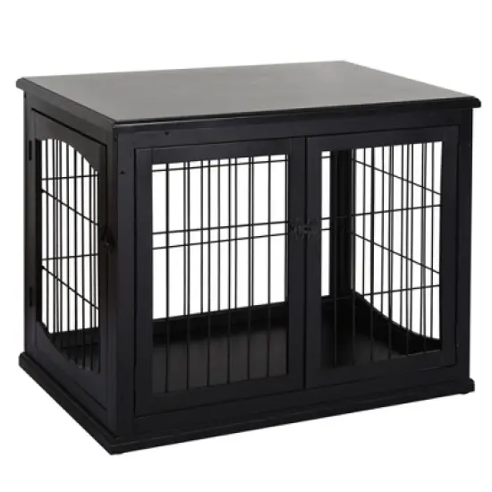 PawHut 26" Wooden Dog Crate, Furniture Style Pet Cage Kennel, End Table, with Lockable Double Door Entrance, and Top Shelf image {6}