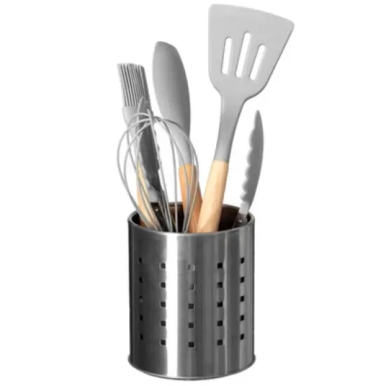 Basicwise Round Metal Utensil Holder &ndash; Countertop Organizer with Drain Holes for Spoons, Spatulas, Cutlery & More, Stylish Silver Kitchen Storage image {5}