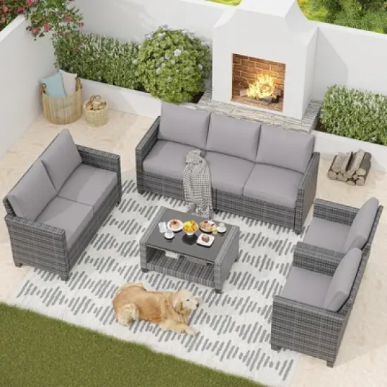 5-Piece Rattan Patio Furniture Set - 7-Seat Outdoor Furniture Sectional Sofa with Storage Table, Wicker Patio Furniture Set with Cushions image {9}