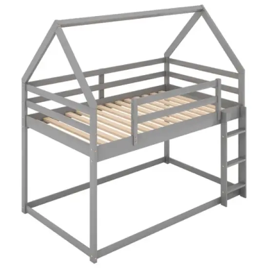 Twin over Twin House Shaped Bunk Bed with  Ladder and Guardrail-ModernLuxe image {5}