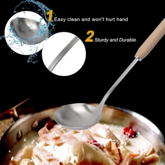 Unique Bargains Kitchen Wooden Handle Cooking Durable Soup Ladle 10.8'' x 3'' Silver Tone 1 Pc image {3}