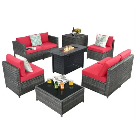 Tangkula 9 PCS Rattan Dinning Set Wicker Sofa w/Propane Gas Fire Pit 60,000 Btu Heater image {12}
