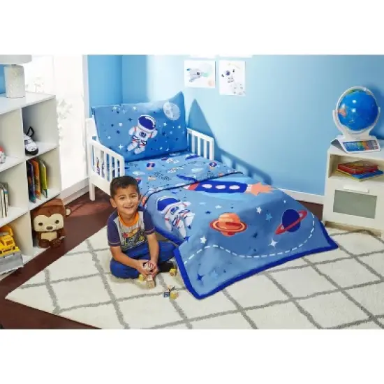EVERYDAY KIDS 4 Piece Toddler Bedding Set - Outer Space Adventures - Includes Comforter, Flat Sheet, Fitted Sheet and Reversible Pillowcase image {2}