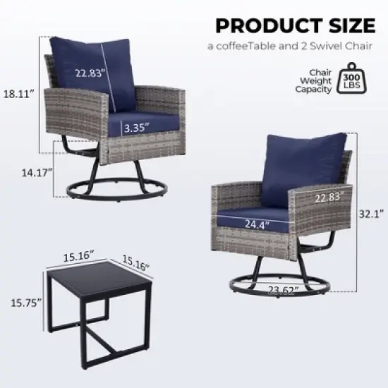 3-Piece Wicker Patio Furniture Set, Rattan Swivel Chairs with Coffee Table, Outdoor Seating for Porch, Balcony, or Garden &ndash;Wicker with Cushions image {2}