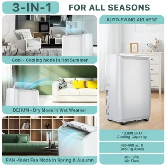 12000BTU Portable Air Conditioner, 3-in-1 Cooling/Dehumidifying/Fresh Air Modes, 550 sq. ft Coverage, 51dB Quiet Sleep Mode image {2}