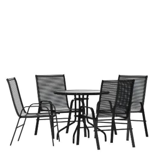 Emma and Oliver Five Piece Patio Table Set with Round Metal Table with Tempered Glass Top and 4 Flex Comfort Stacking Chairs image {11}
