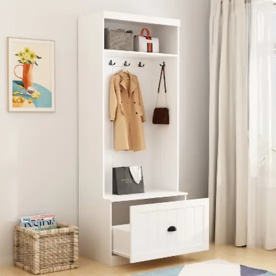Famapy White Hall Tree Shelf Rack Shoe Storage Coat Organizer Cabinet image {2}