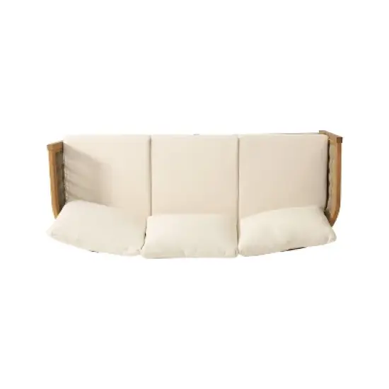 Burchett Outdoor Acacia Wood/Wicker Round 3 Seater Sofa with Cushions - Christopher Knight Home: Weather-Resistant Patio Furniture image {4}