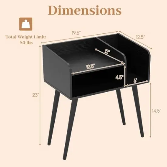 Costway Mid Century Modern End Table with Open Shelves Metal Support Legs for Bedroom White/Black/Coffee image {2}