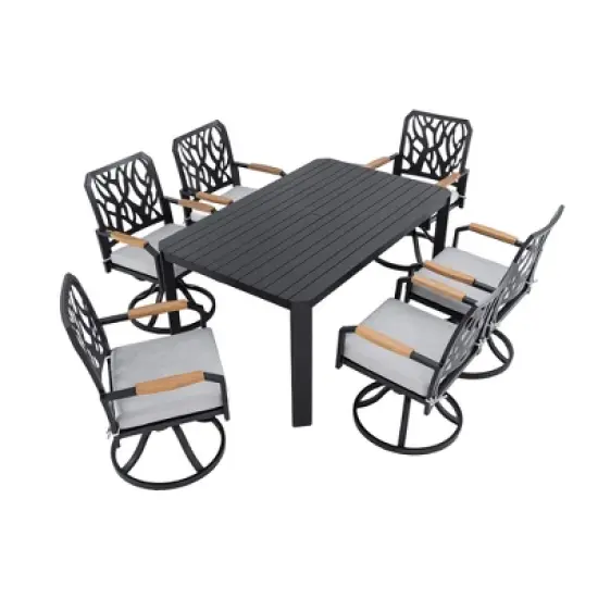7-Piece Outdoor Patio Aluminum Dining Set with 59" Rectangular Table, 6 Swivel Rocker Chairs, and Umbrella Hole image {9}