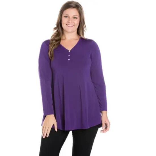 24seven Comfort Apparel Womens Plus Size Flared Long Sleeve Henley Tunic Top image {5}