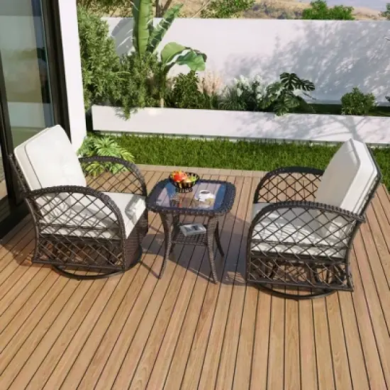 3pcs Outdoor Rattan Chat Furniture Set,  Patio Garden Seating Group Conversation Set with Swivel Chairs and Table -ModernLuxe image {1}