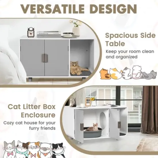 Costway Cat Litter Box Enclosure Furniture Hidden Cat Washroom with Rubber Wood Legs image {5}