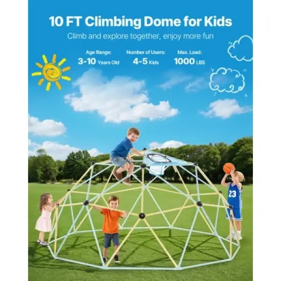 VEVOR Climbing Dome, 10FT Geometric Dome Climber, 1000LBS Loading Jungle Gym Playground with 2 Basketballs & Octopus Net, Blue&Yellow image {2}