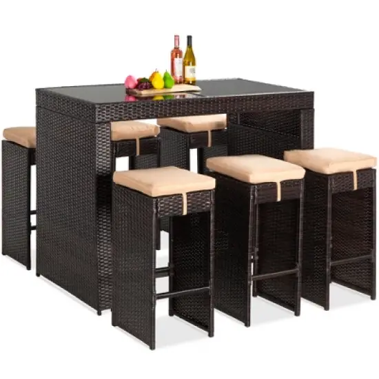 Best Choice Products 7-Piece Outdoor Rattan Wicker Bar Dining Patio Furniture Set w/ Glass Table Top, 6 Stools image {7}