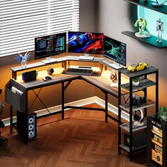 L Shaped Gaming Desk with Power Outlet & Led Lights, L-Shaped Corner Computer Desks Gaming Desk image {8}