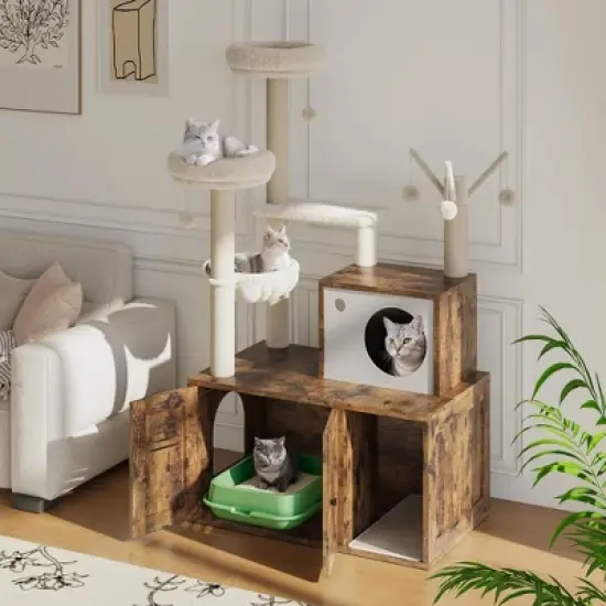 Multi-Level Cat Tree w/Hidden Litter Box - 3-in-1 Tower w/Condo, Hammock & Scratching Posts image {1}