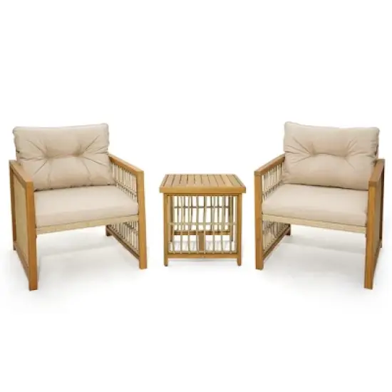 Costway 3PCS Patio PE Wicker Conversation Set Acacia Wood Frame withSeat & Back Cushions image {7}