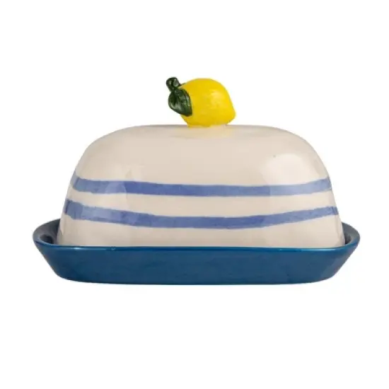 Storied Home Hand-Painted Stoneware Butter Dish with Lemon Shaped Handle and Stripes, Multicolor image {4}