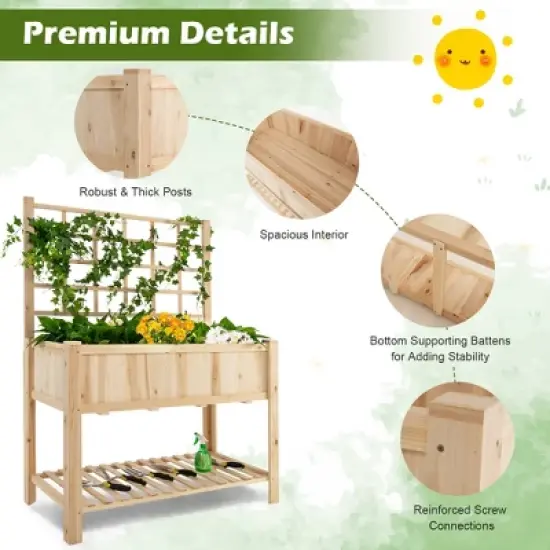 Costway Raised Garden Bed Elevated Wooden Planter Box with Trellis & Open Storage Shelf image {8}
