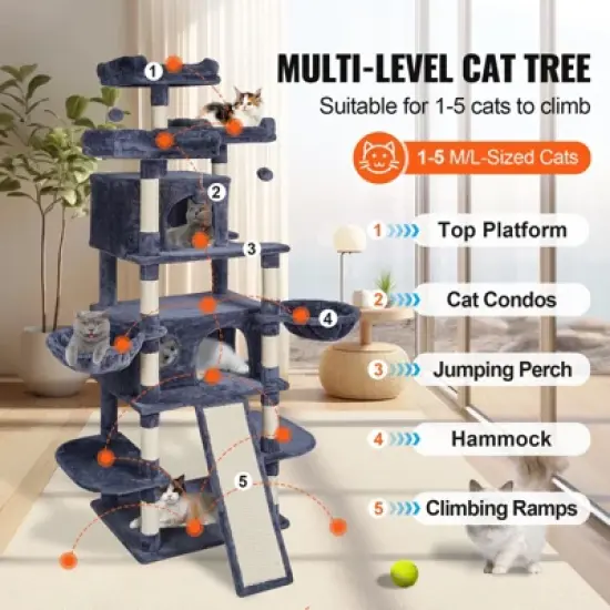VEVOR Cat Tree for Indoor Cats, 68.5" Cat Tower with 2 Cat Condos, Sisal Scratching Post, Hammocks, Top Perches, Jumping Platforms and Ramp image {2}