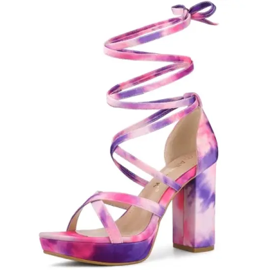 Allegra K Women's Tie Dye Platform Chunky Heel Lace Up Sandals image {10}