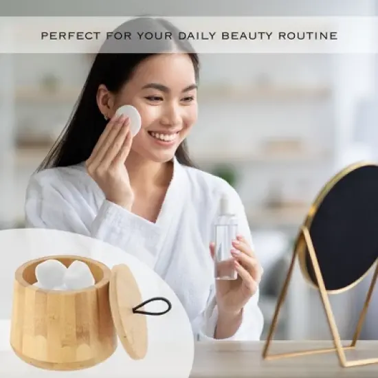 Evideco French Home Goods Natural Bamboo Cotton Ball Holder - Bathroom Container Storage Solution for Cotton Swabs, Pads & Other Bath Accessories image {4}