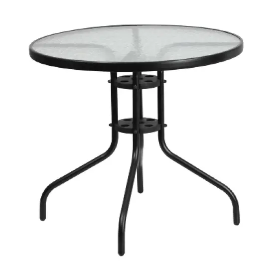 Emma and Oliver Five Piece Patio Table Set with Round Metal Table with Tempered Glass Top and 4 Flex Comfort Stacking Chairs image {7}