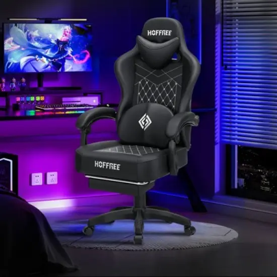 Hoffree Leather Massage Gaming Chair Ergonomic Office PC Chair with Footrest & Adjustable image {9}