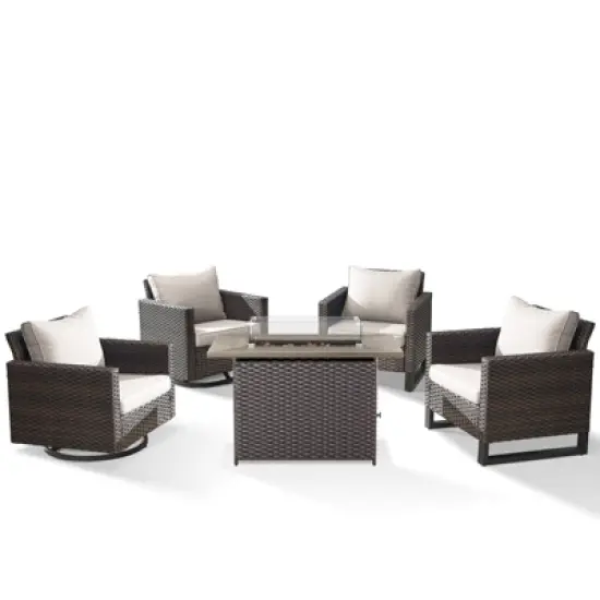 Buenhomino Patio Wicker Furniture Set with Fire Pit Table, PE Rattan Swivel Patio Chairs with Propane Fire Pit Table, 5PCS Patio Conversation Set image {12}